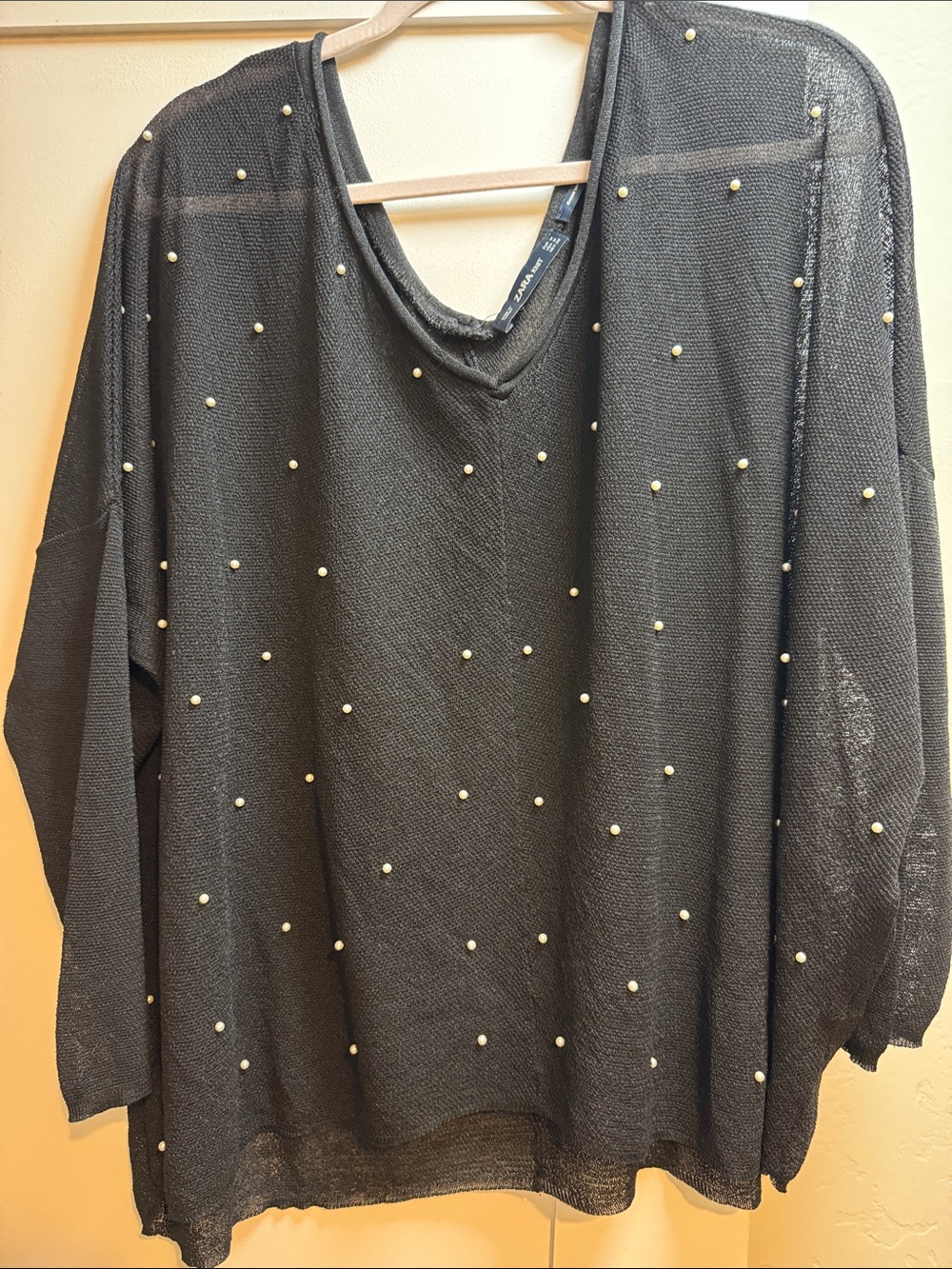 Zara Black Sheer Knit Top with Pearl Accents